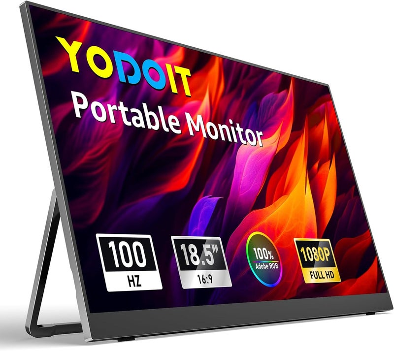 Yodoit Portable Monitor for Laptop 100Hz 18.5" FHD 1080P Screen IPS Display with USB Type C Port and Speakers with Smart Cover Metal Compatible with PC, MacBook, Xbox (Black) - Image 1